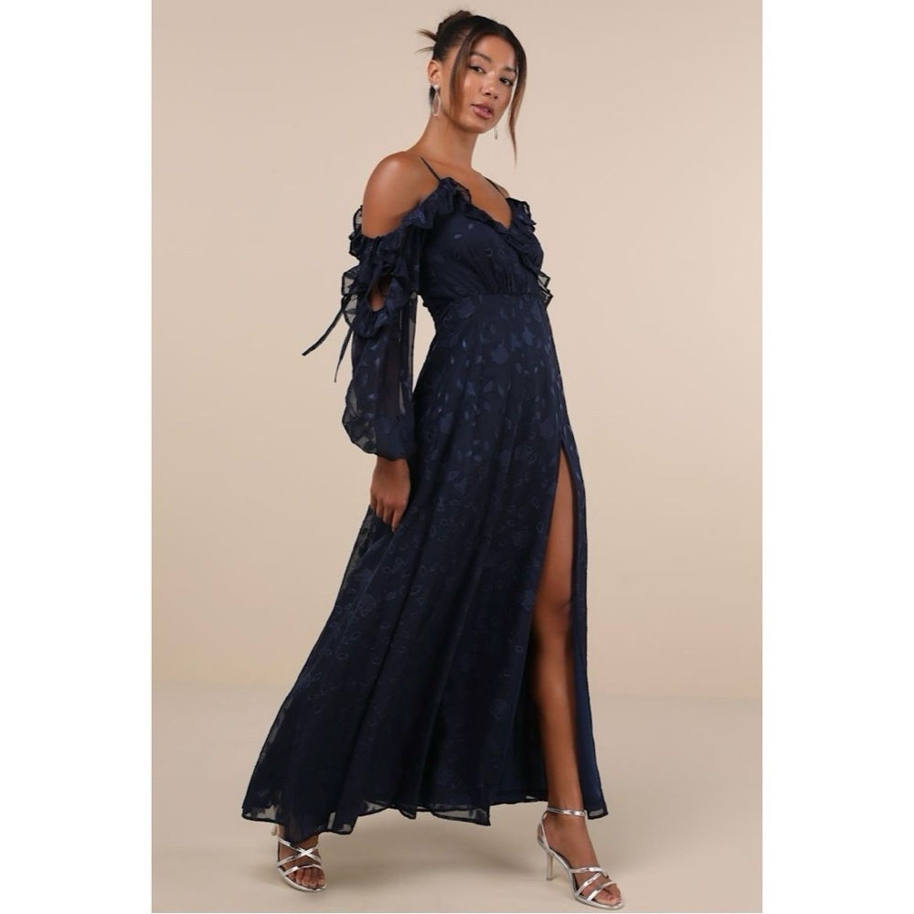 NWT Lulus Pleasant Aura Navy Blue Floral Burnout Cold-Shoulder Maxi Dress - Picture 2 of 5